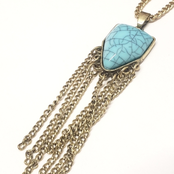 Avon Jewelry - Vintage Avon Faux Turquoise & Gold Chain Tassel Necklace Acrylic Stone